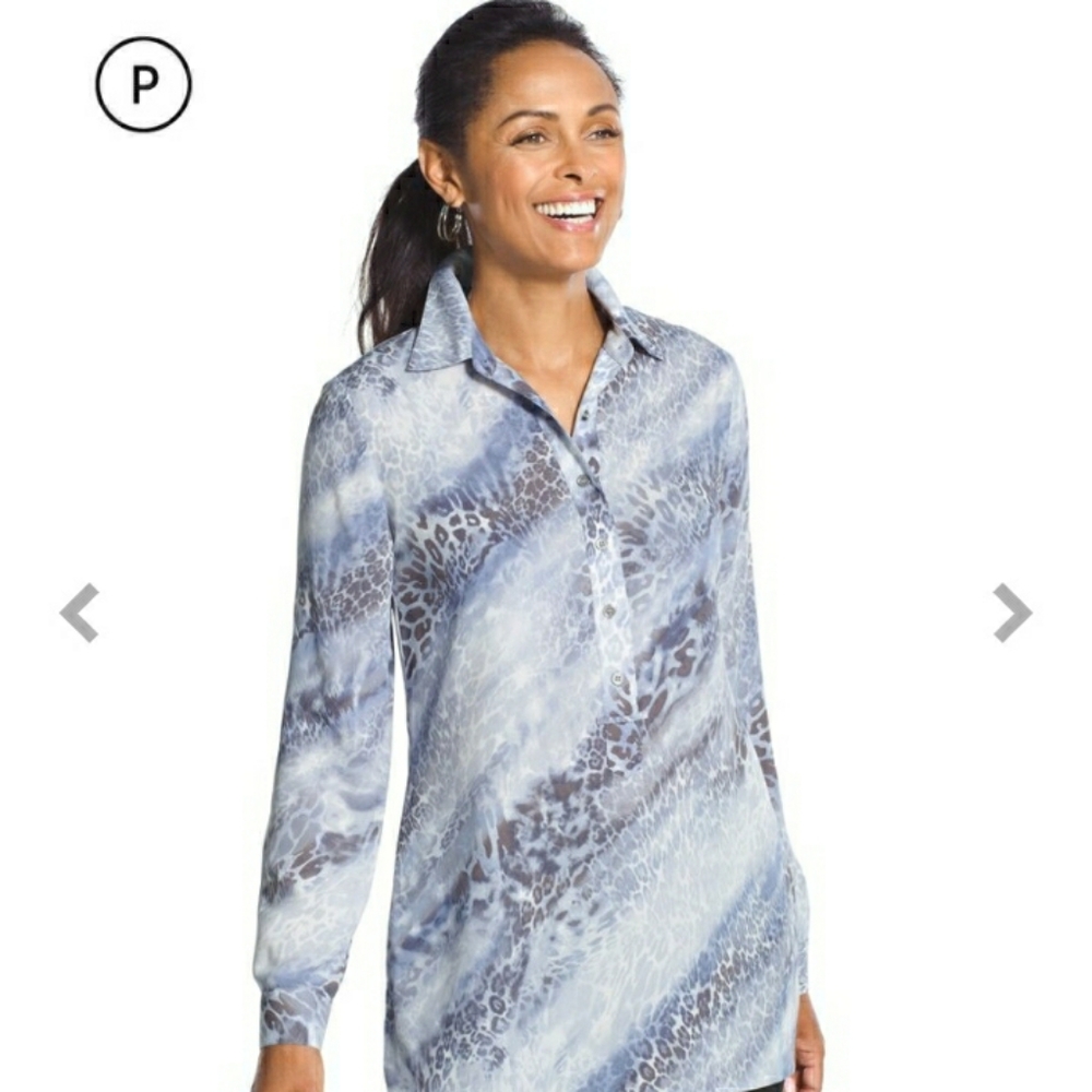 Chico's Womens Large Top Cool Ocelet Jody Blue Print Popover Tunic